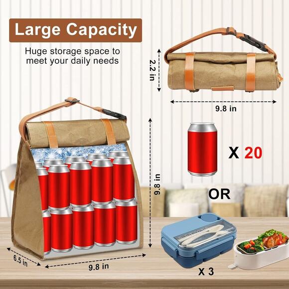 Insulated Lunch Bag, Leakproof Lunch Box for Women Men, Reusable Washable Brown - Picture 3 of 7